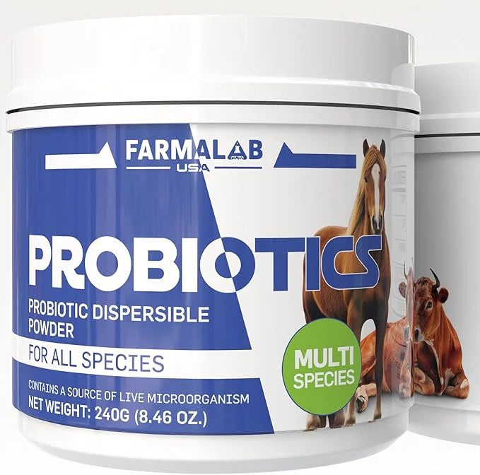 Probióticos en polvo dispersable para mascotas, todas las especies. Probióticos para cerdos, caballos, ovejas, cabras, perros, gatos, aves, conejos y pollos (240 g) Farmalab.