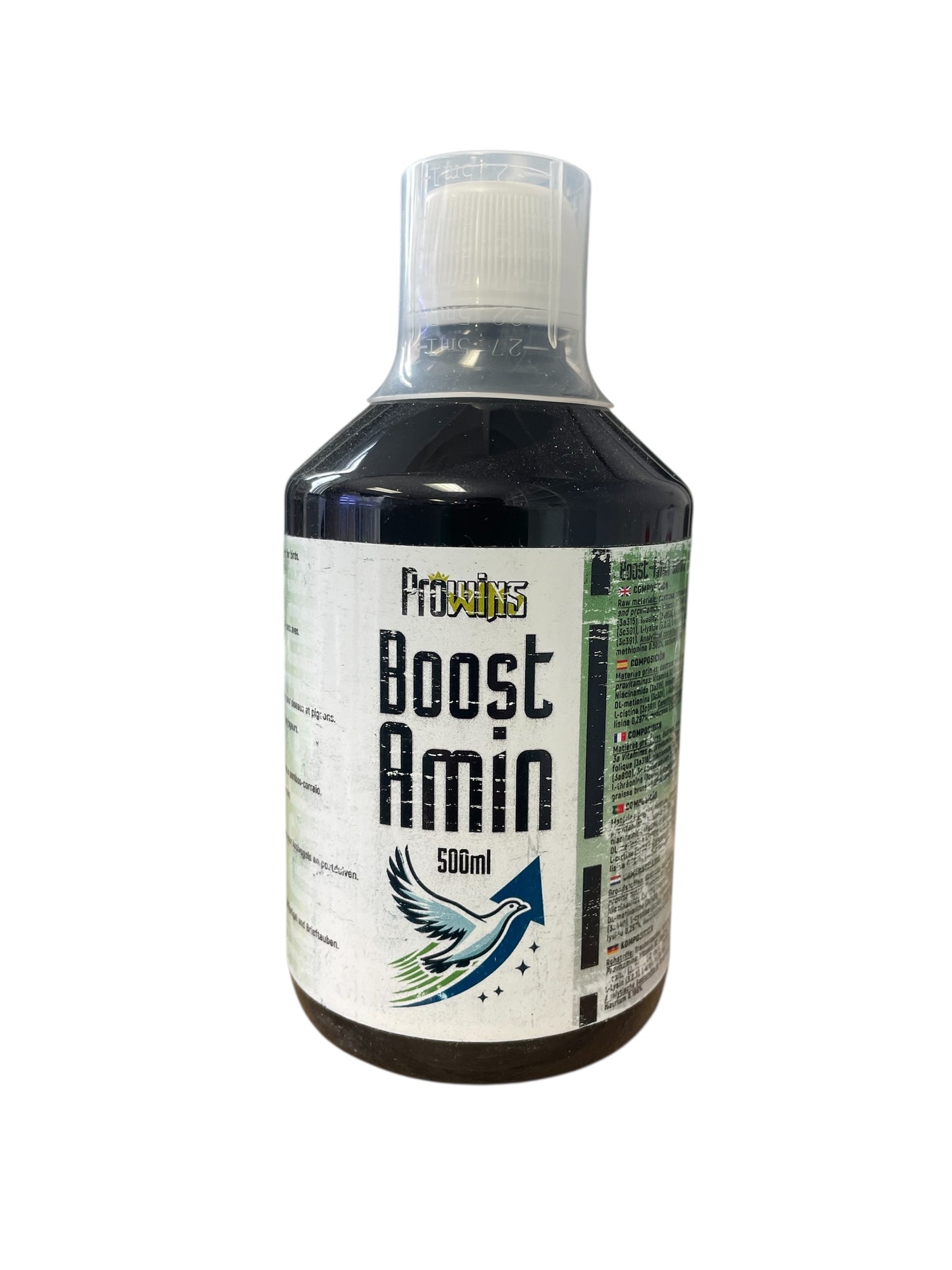Prowins Boost-Amin, (combinación única de aminoácidos, B-vitaminas y electrolitos enriquecido con anis). Para Palomas