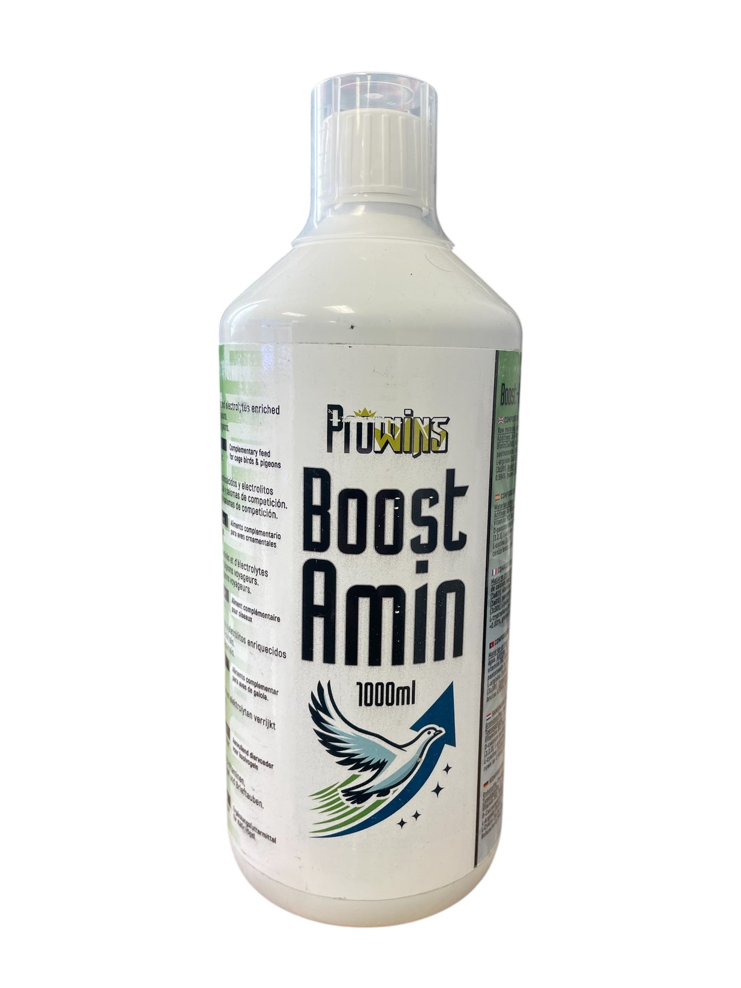 Prowins Boost-Amin, (combinación única de aminoácidos, B-vitaminas y electrolitos enriquecido con anis). Para Palomas