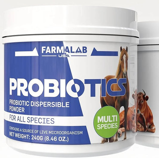 Probióticos en polvo dispersable para mascotas, todas las especies. Probióticos para cerdos, caballos, ovejas, cabras, perros, gatos, aves, conejos y pollos (240 g) Farmalab.