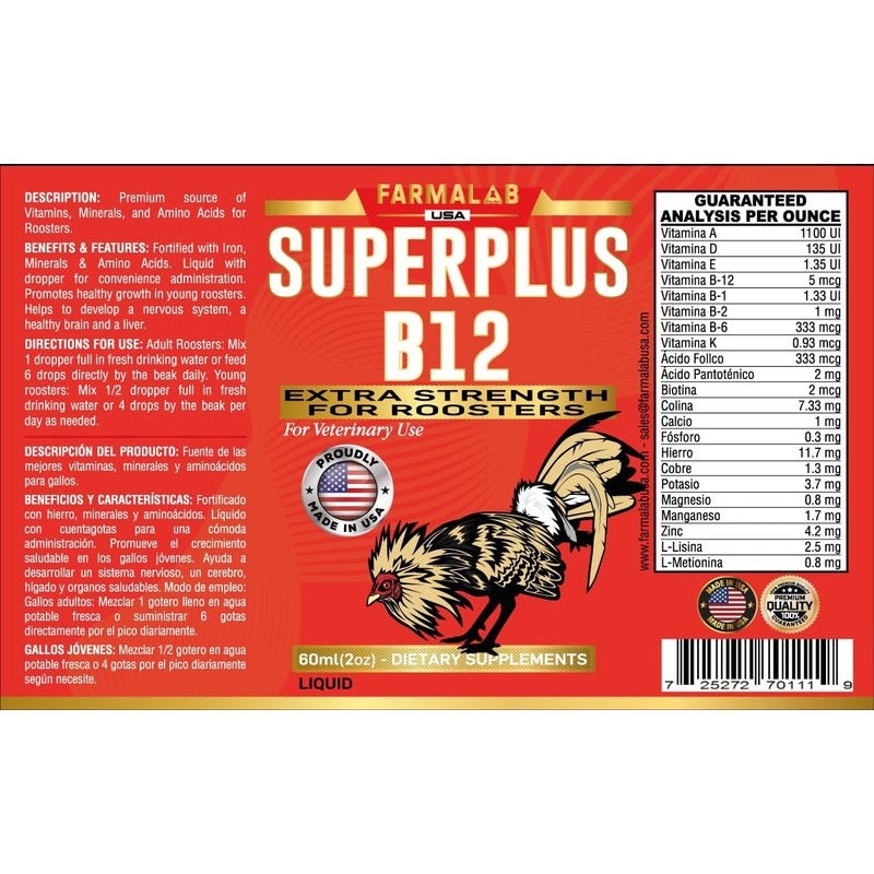 Farmalab Veterinary Super Plus Superplus B-12 Extra Fuerte para Gallos Superplus para Gallos Aves Aves de Corral Gallos de Pelea